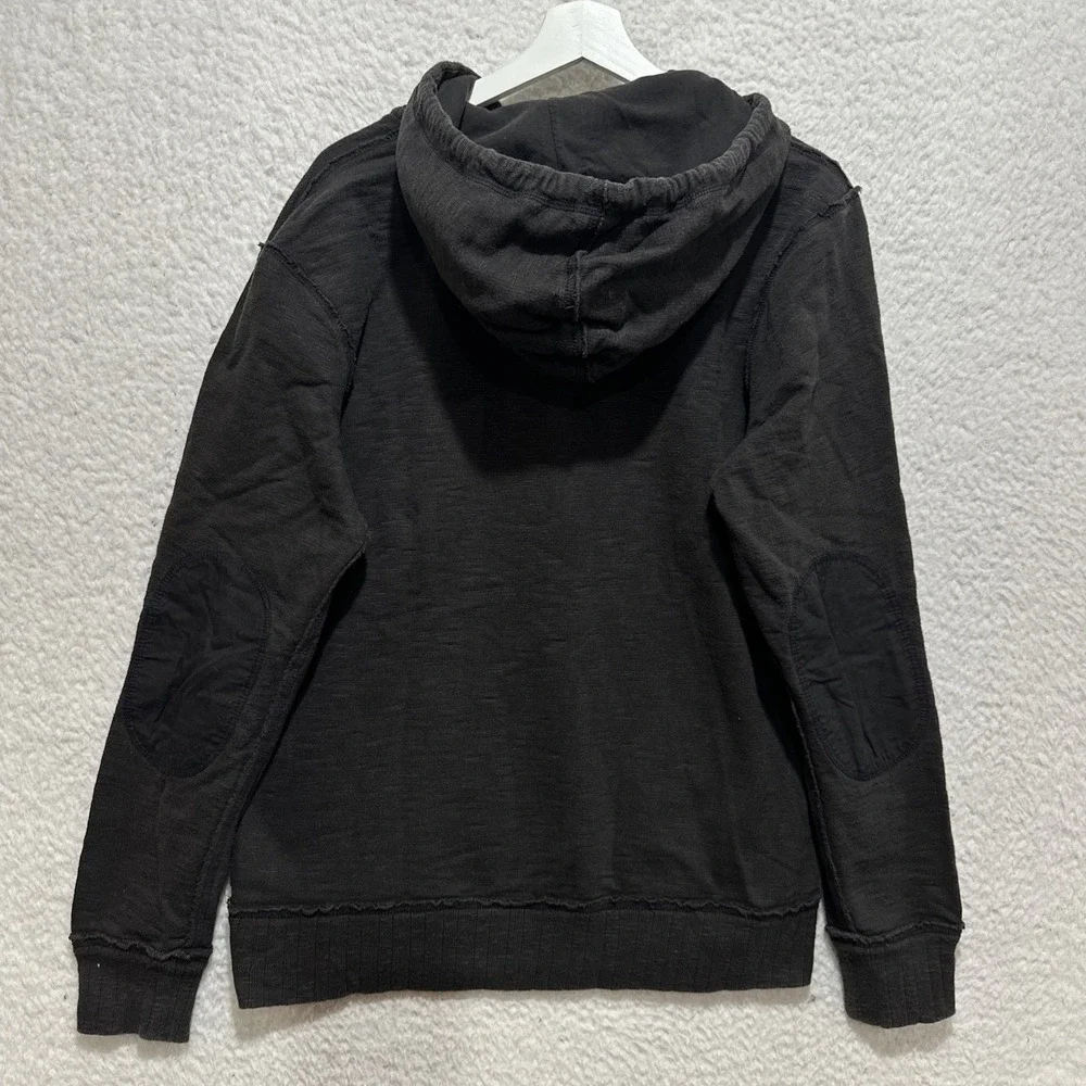 True Religion‎ Slub Fleece Pullover Hoodie Size M Button Placket Collar Raw Edge